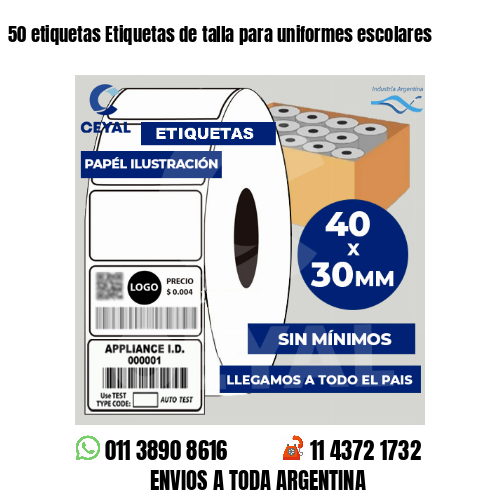 50 etiquetas Etiquetas de talla para uniformes escolares