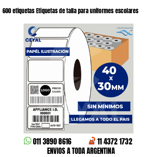 600 etiquetas Etiquetas de talla para uniformes escolares