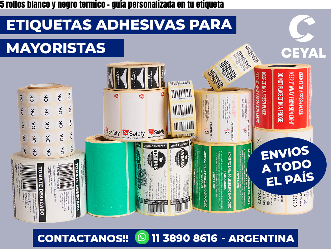 5 rollos blanco y negro termico - guía personalizada en tu etiqueta