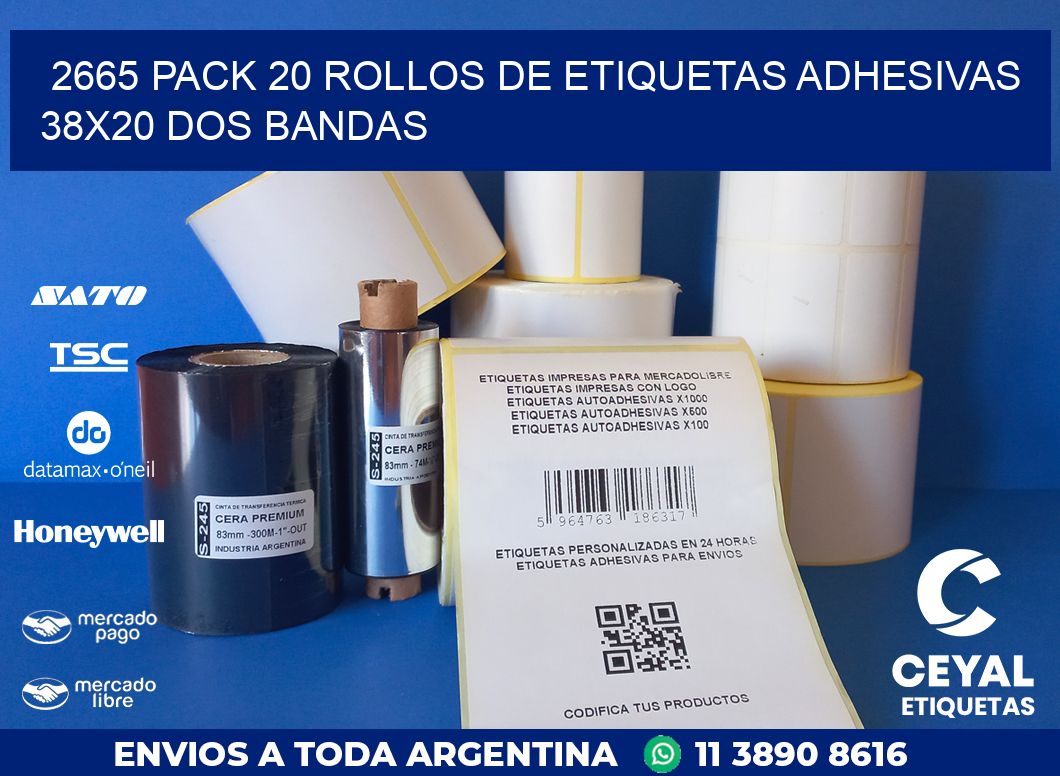 2665 PACK 20 ROLLOS DE ETIQUETAS ADHESIVAS 38X20 DOS BANDAS