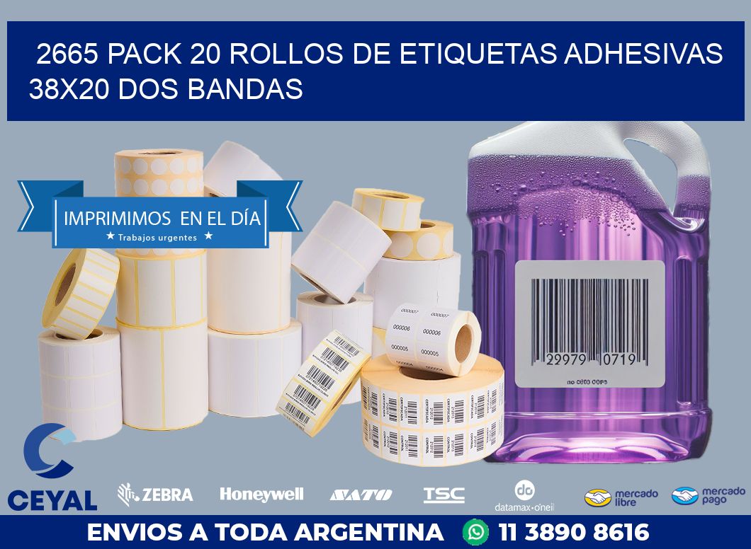 2665 PACK 20 ROLLOS DE ETIQUETAS ADHESIVAS 38X20 DOS BANDAS