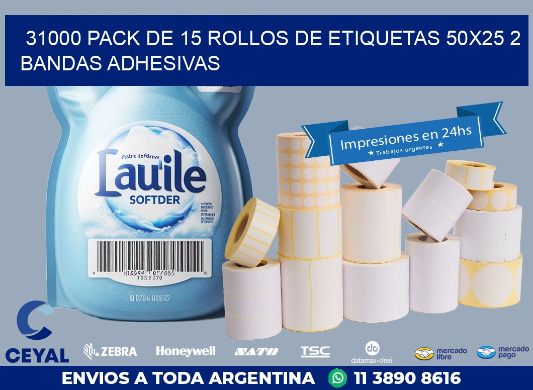 31000 PACK DE 15 ROLLOS DE ETIQUETAS 50X25 2 BANDAS ADHESIVAS