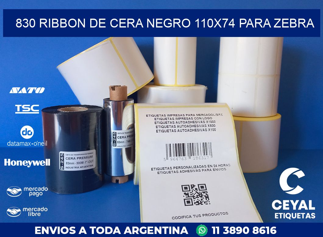 830 RIBBON DE CERA NEGRO 110X74 PARA ZEBRA