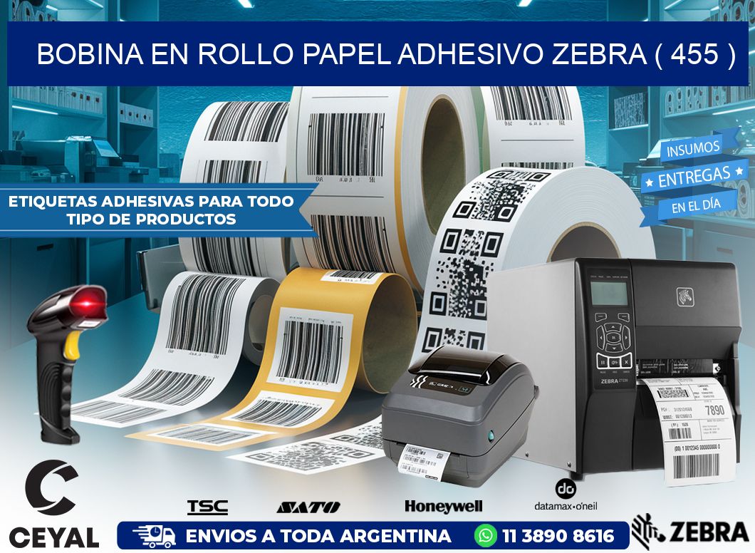 BOBINA EN ROLLO PAPEL ADHESIVO ZEBRA ( 455 )