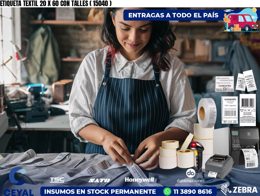 ETIQUETA TEXTIL 20 X 60 CON TALLES ( 15040 )