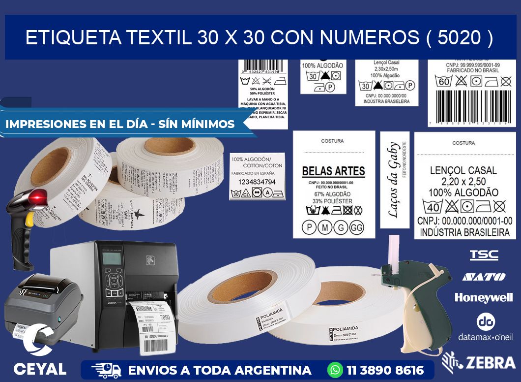 ETIQUETA TEXTIL 30 X 30 CON NUMEROS ( 5020 )