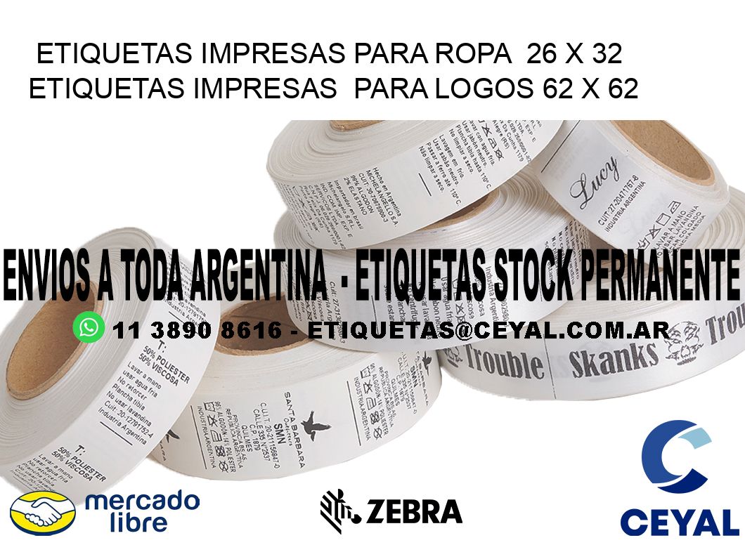 ETIQUETAS IMPRESAS PARA ROPA  26 x 32 ETIQUETAS IMPRESAS  PARA LOGOS 62 x 62