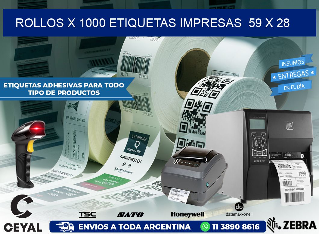 ROLLOS X 1000 ETIQUETAS IMPRESAS  59 x 28