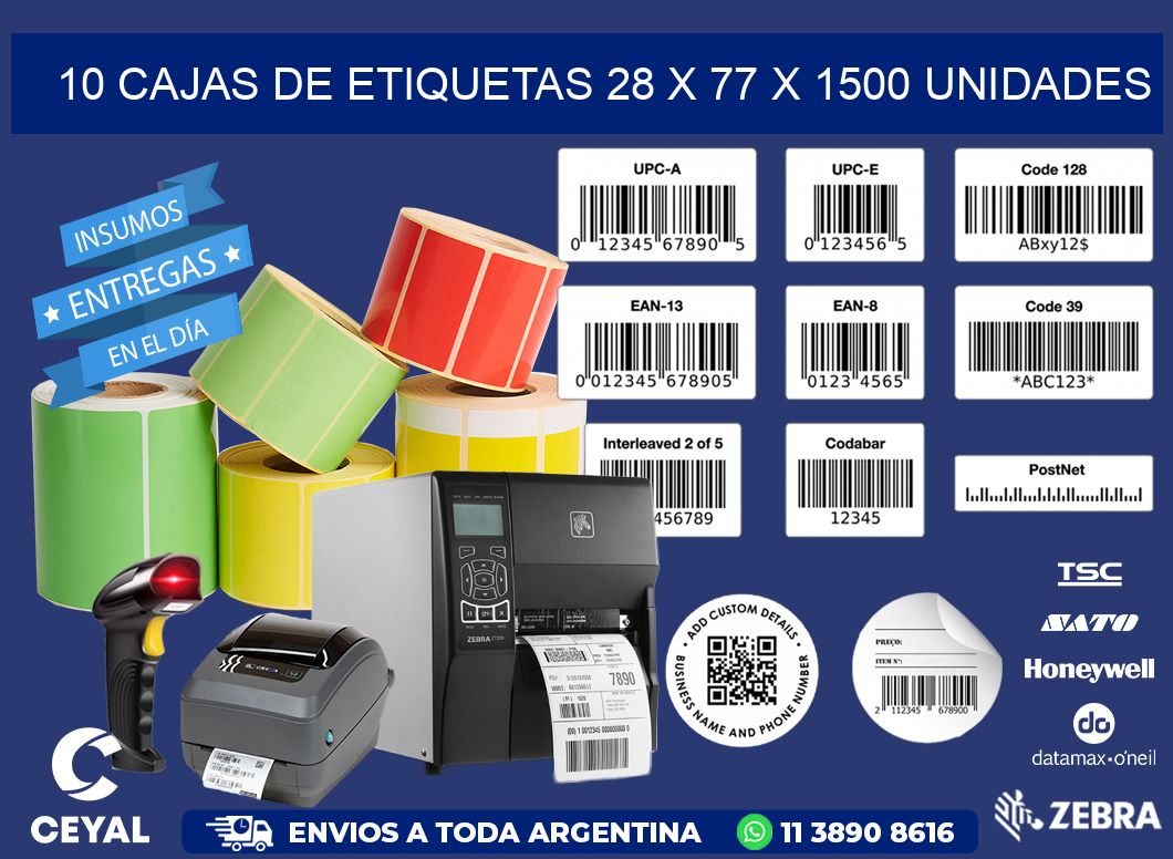 10 CAJAS DE ETIQUETAS 28 x 77 X 1500 UNIDADES