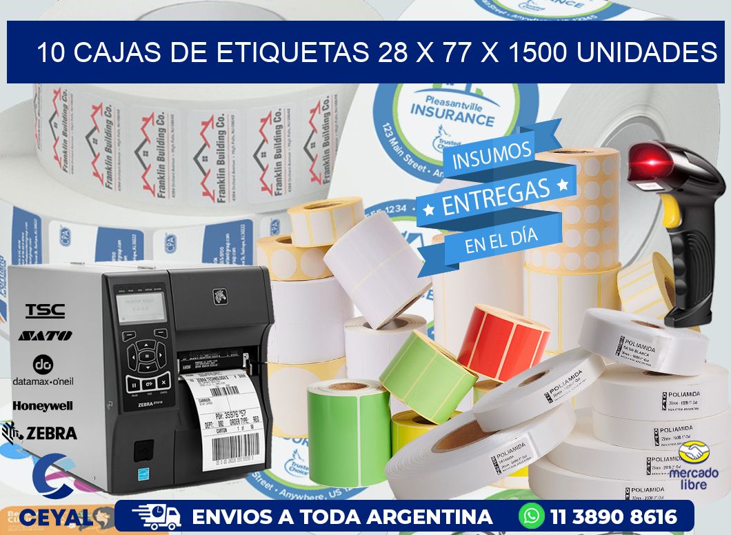 10 CAJAS DE ETIQUETAS 28 x 77 X 1500 UNIDADES