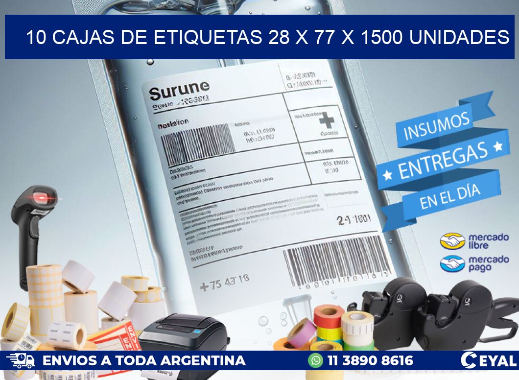 10 CAJAS DE ETIQUETAS 28 x 77 X 1500 UNIDADES