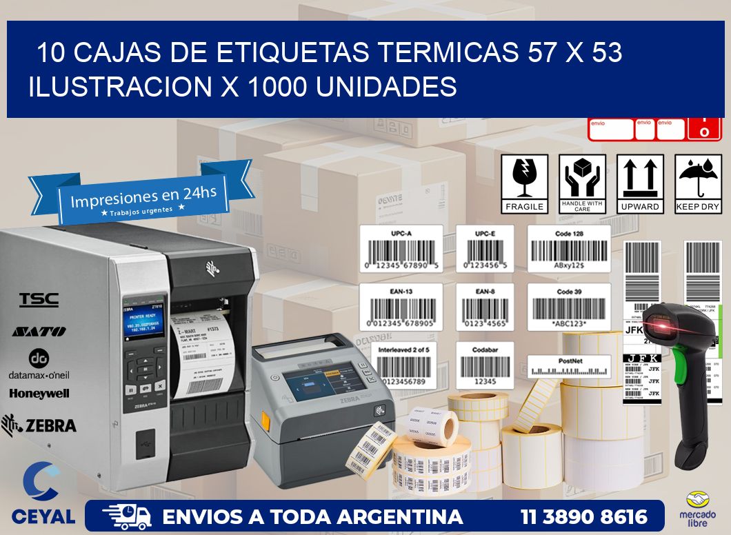 10 CAJAS DE ETIQUETAS TERMICAS 57 x 53 ILUSTRACION X 1000 UNIDADES