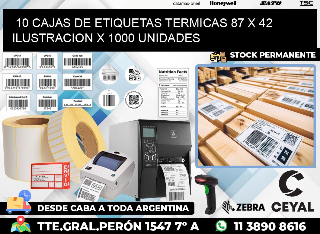 10 CAJAS DE ETIQUETAS TERMICAS 87 x 42 ILUSTRACION X 1000 UNIDADES