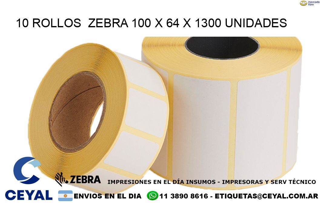 10 ROLLOS  ZEBRA 100 x 64 X 1300 UNIDADES