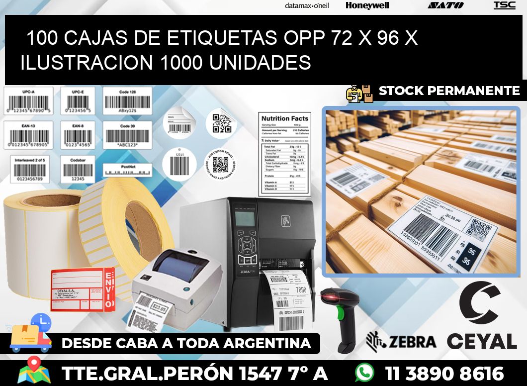 100 CAJAS DE ETIQUETAS OPP 72 x 96 X ILUSTRACION 1000 UNIDADES