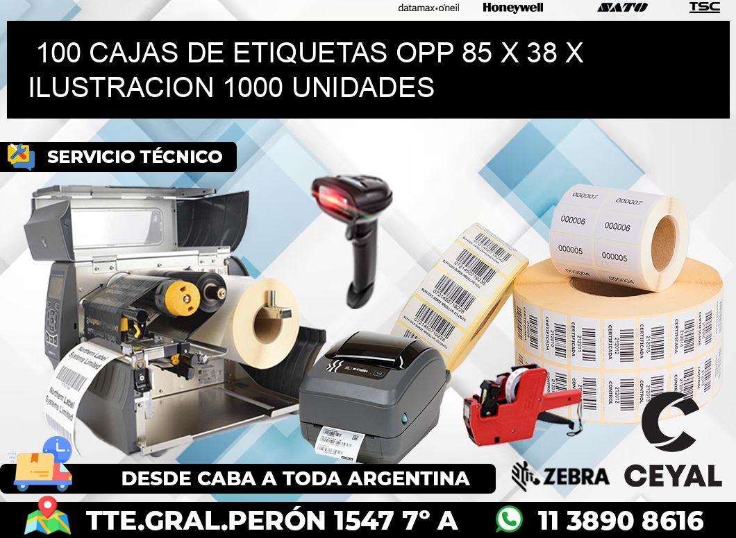 100 CAJAS DE ETIQUETAS OPP 85 x 38 X ILUSTRACION 1000 UNIDADES