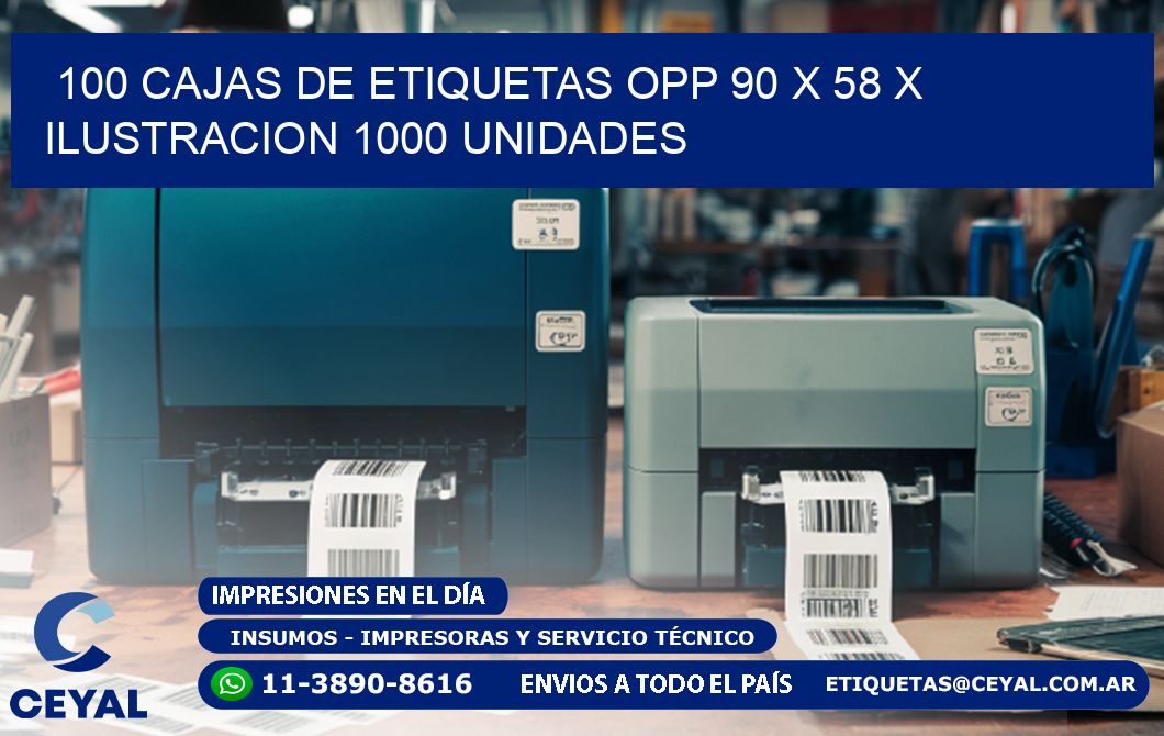 100 CAJAS DE ETIQUETAS OPP 90 x 58 X ILUSTRACION 1000 UNIDADES