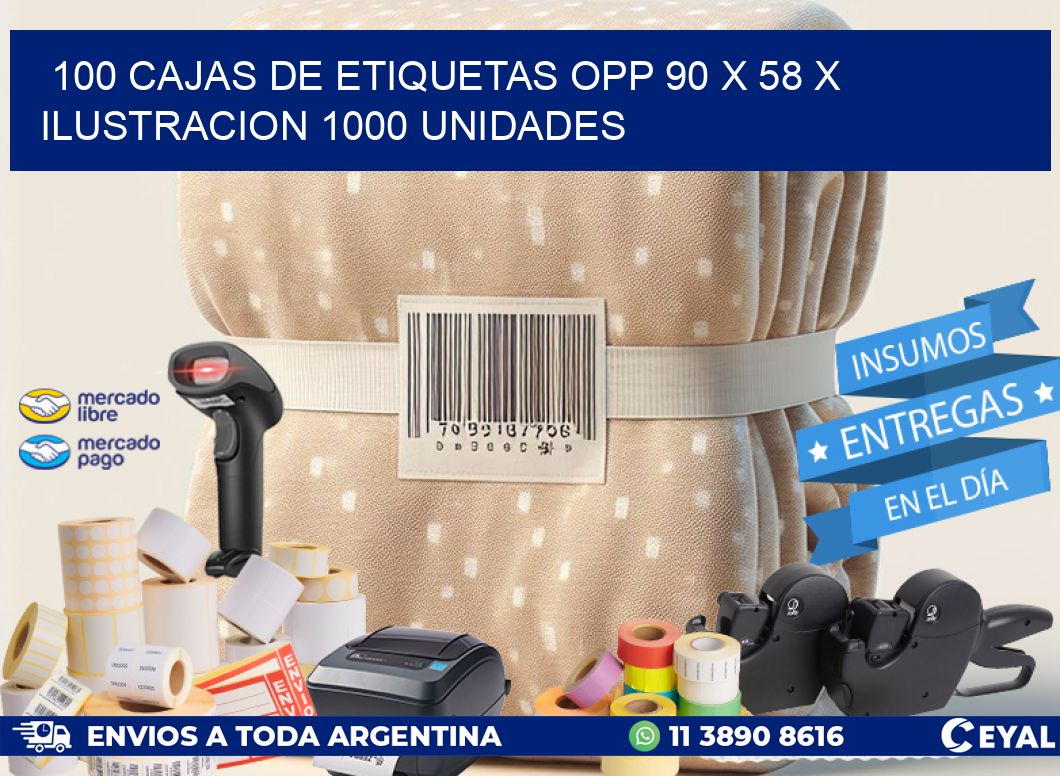 100 CAJAS DE ETIQUETAS OPP 90 x 58 X ILUSTRACION 1000 UNIDADES