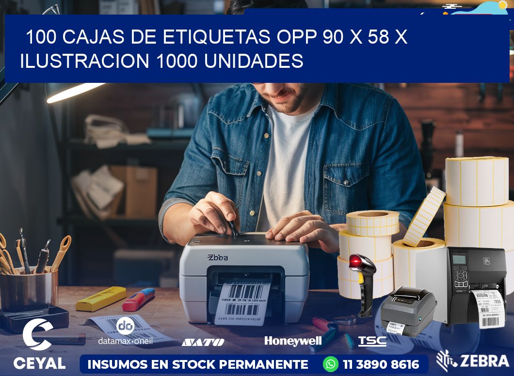 100 CAJAS DE ETIQUETAS OPP 90 x 58 X ILUSTRACION 1000 UNIDADES