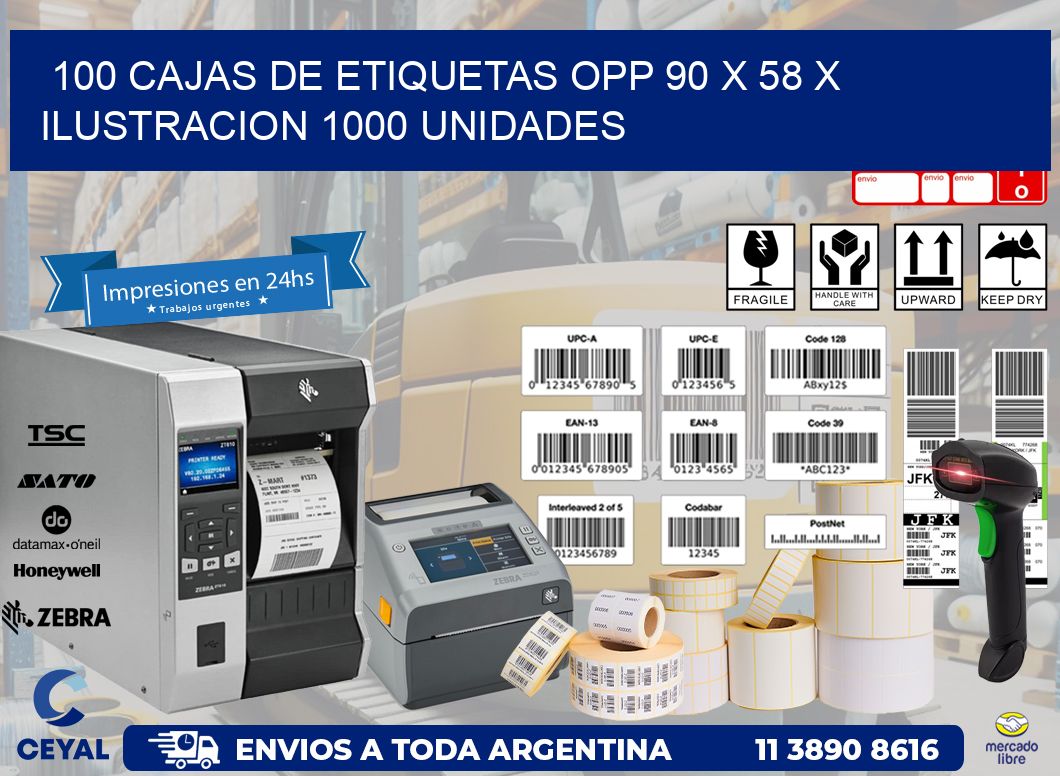 100 CAJAS DE ETIQUETAS OPP 90 x 58 X ILUSTRACION 1000 UNIDADES