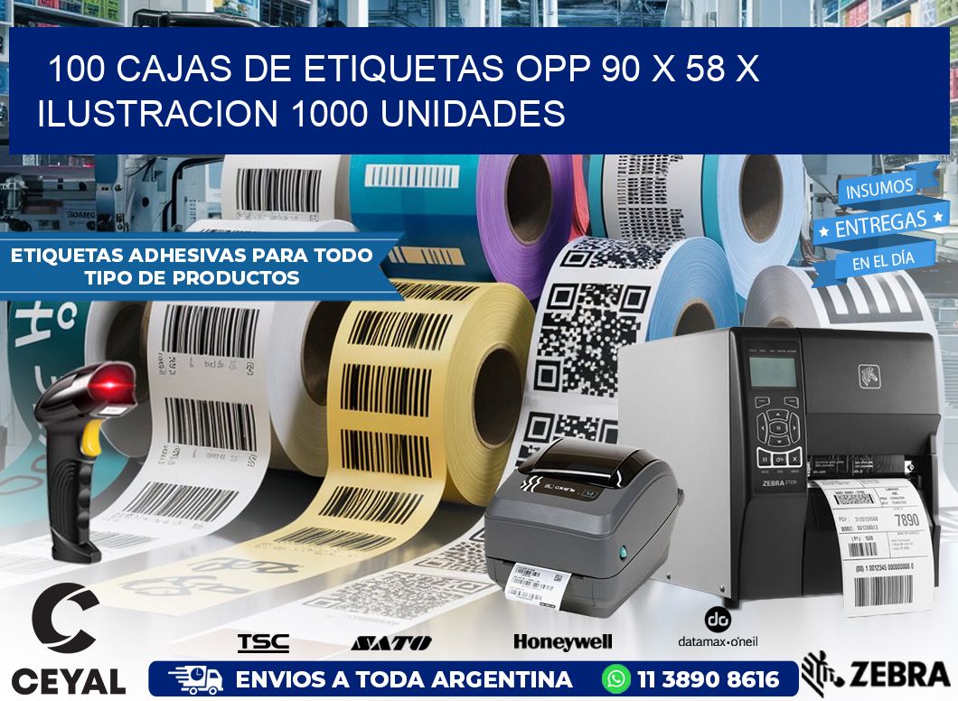 100 CAJAS DE ETIQUETAS OPP 90 x 58 X ILUSTRACION 1000 UNIDADES