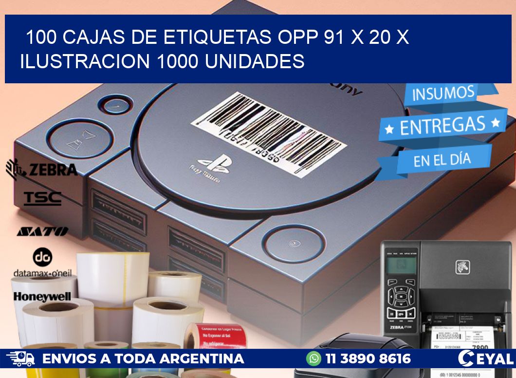 100 CAJAS DE ETIQUETAS OPP 91 x 20 X ILUSTRACION 1000 UNIDADES