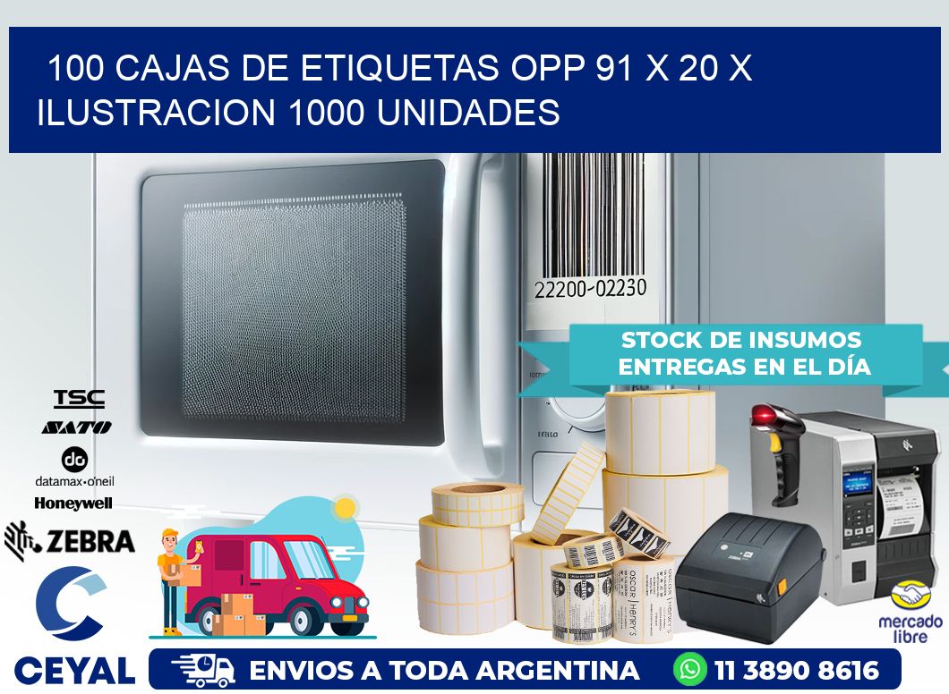 100 CAJAS DE ETIQUETAS OPP 91 x 20 X ILUSTRACION 1000 UNIDADES