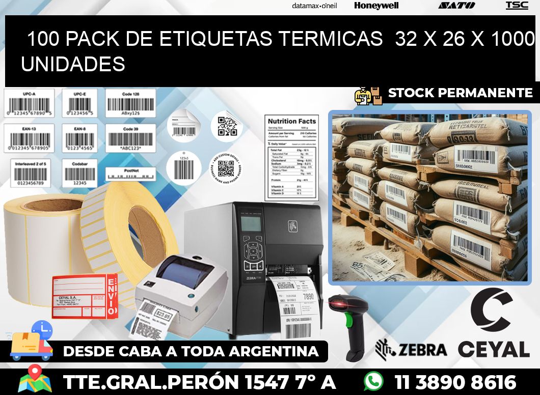 100 PACK DE ETIQUETAS TERMICAS  32 x 26 X 1000 UNIDADES