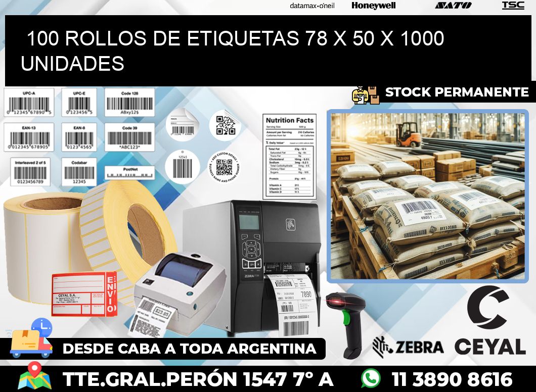 100 ROLLOS DE ETIQUETAS 78 x 50 X 1000 UNIDADES