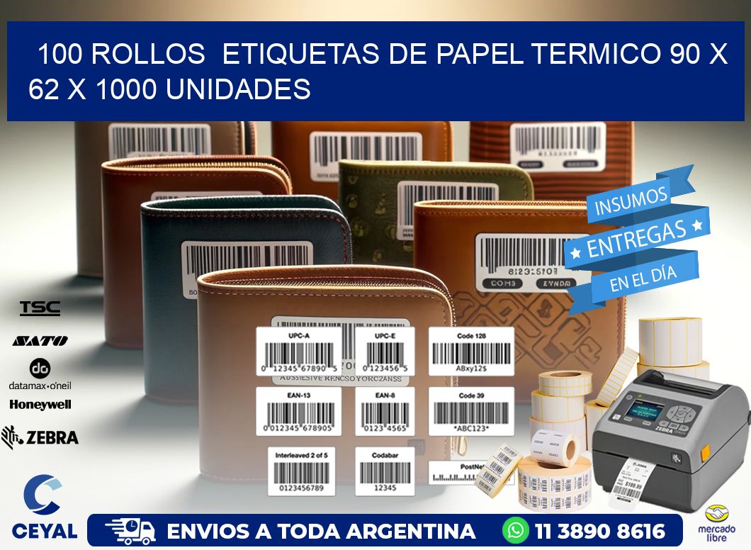 100 ROLLOS  ETIQUETAS DE PAPEL TERMICO 90 x 62 X 1000 UNIDADES