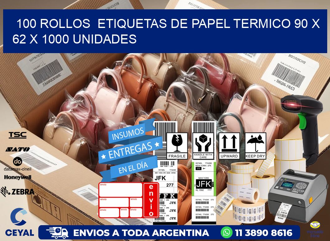 100 ROLLOS  ETIQUETAS DE PAPEL TERMICO 90 x 62 X 1000 UNIDADES