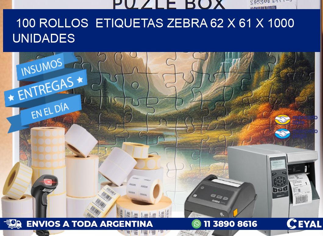 100 ROLLOS  ETIQUETAS ZEBRA 62 x 61 X 1000 UNIDADES