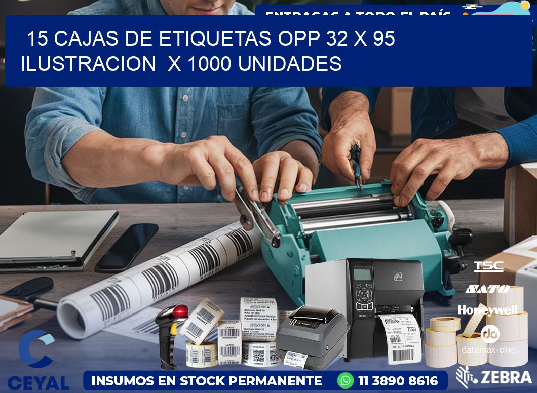 15 CAJAS DE ETIQUETAS OPP 32 x 95 ILUSTRACION  X 1000 UNIDADES