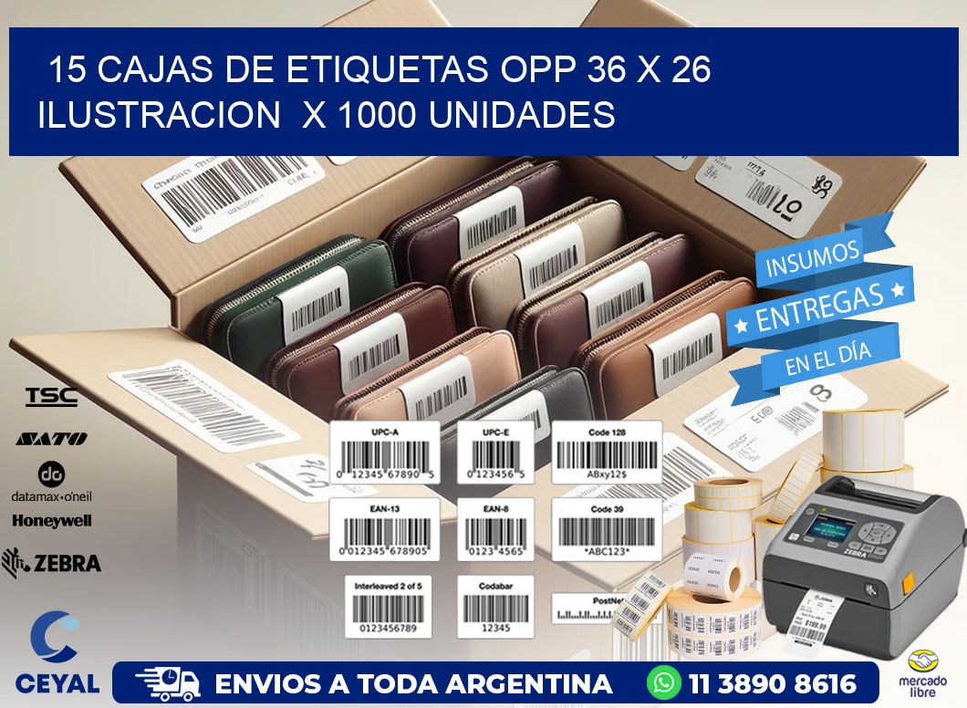 15 CAJAS DE ETIQUETAS OPP 36 x 26 ILUSTRACION  X 1000 UNIDADES