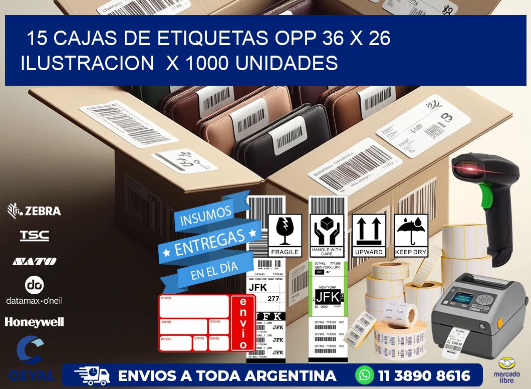 15 CAJAS DE ETIQUETAS OPP 36 x 26 ILUSTRACION  X 1000 UNIDADES