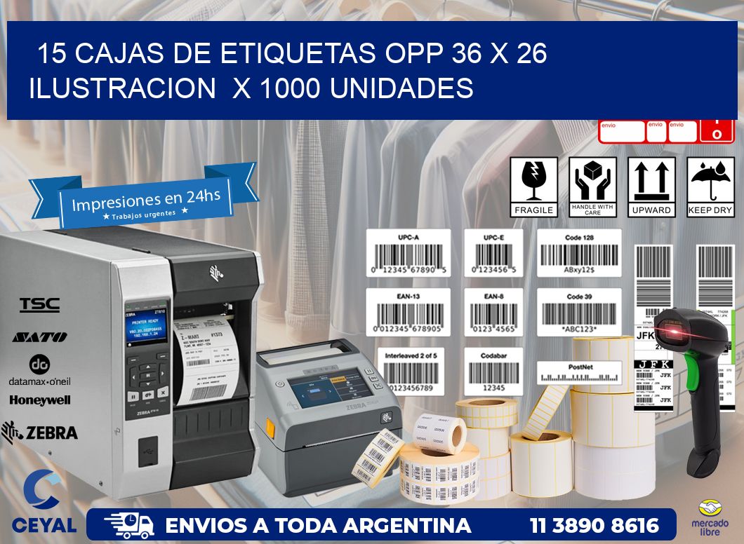 15 CAJAS DE ETIQUETAS OPP 36 x 26 ILUSTRACION  X 1000 UNIDADES