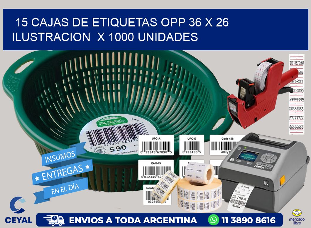 15 CAJAS DE ETIQUETAS OPP 36 x 26 ILUSTRACION  X 1000 UNIDADES