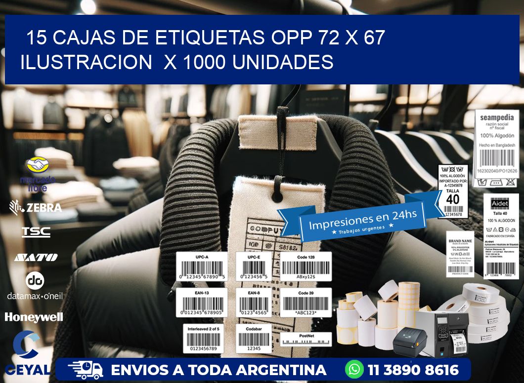 15 CAJAS DE ETIQUETAS OPP 72 x 67 ILUSTRACION  X 1000 UNIDADES