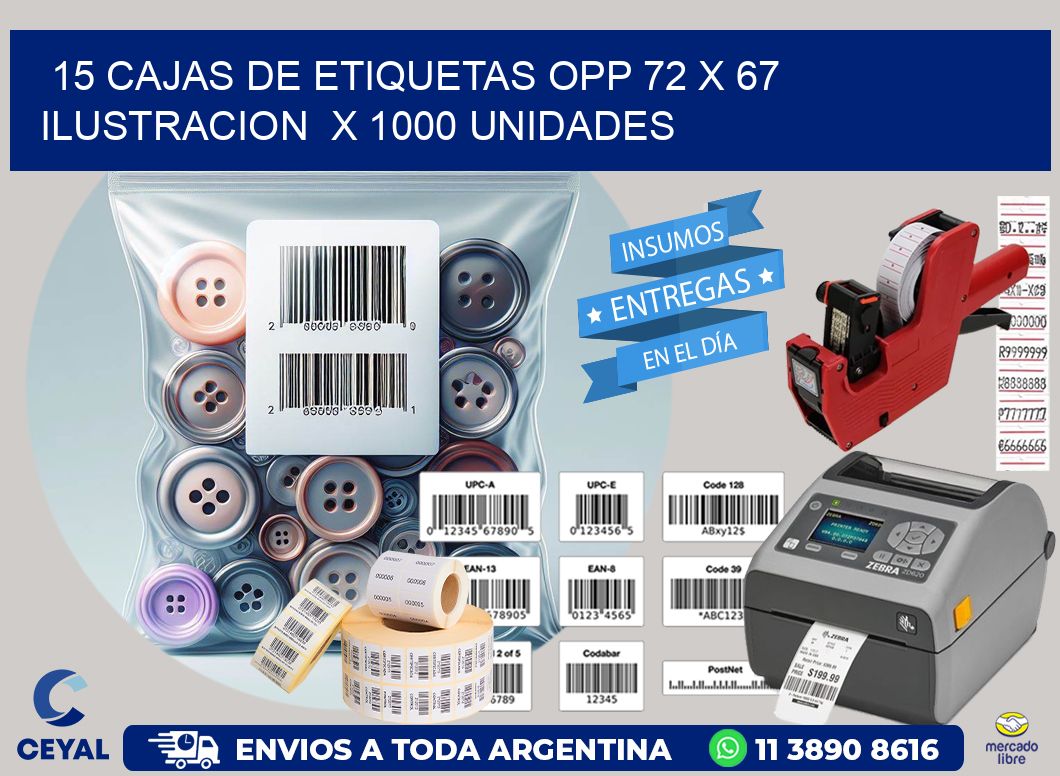 15 CAJAS DE ETIQUETAS OPP 72 x 67 ILUSTRACION  X 1000 UNIDADES