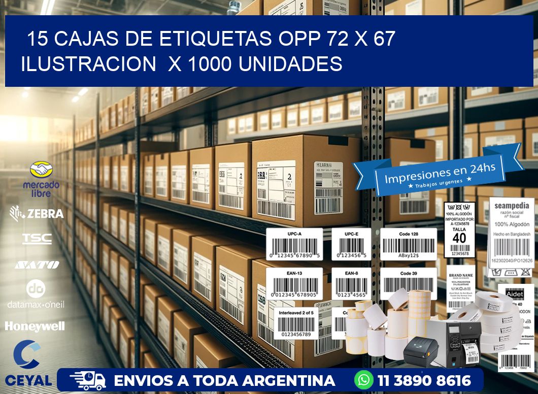 15 CAJAS DE ETIQUETAS OPP 72 x 67 ILUSTRACION  X 1000 UNIDADES