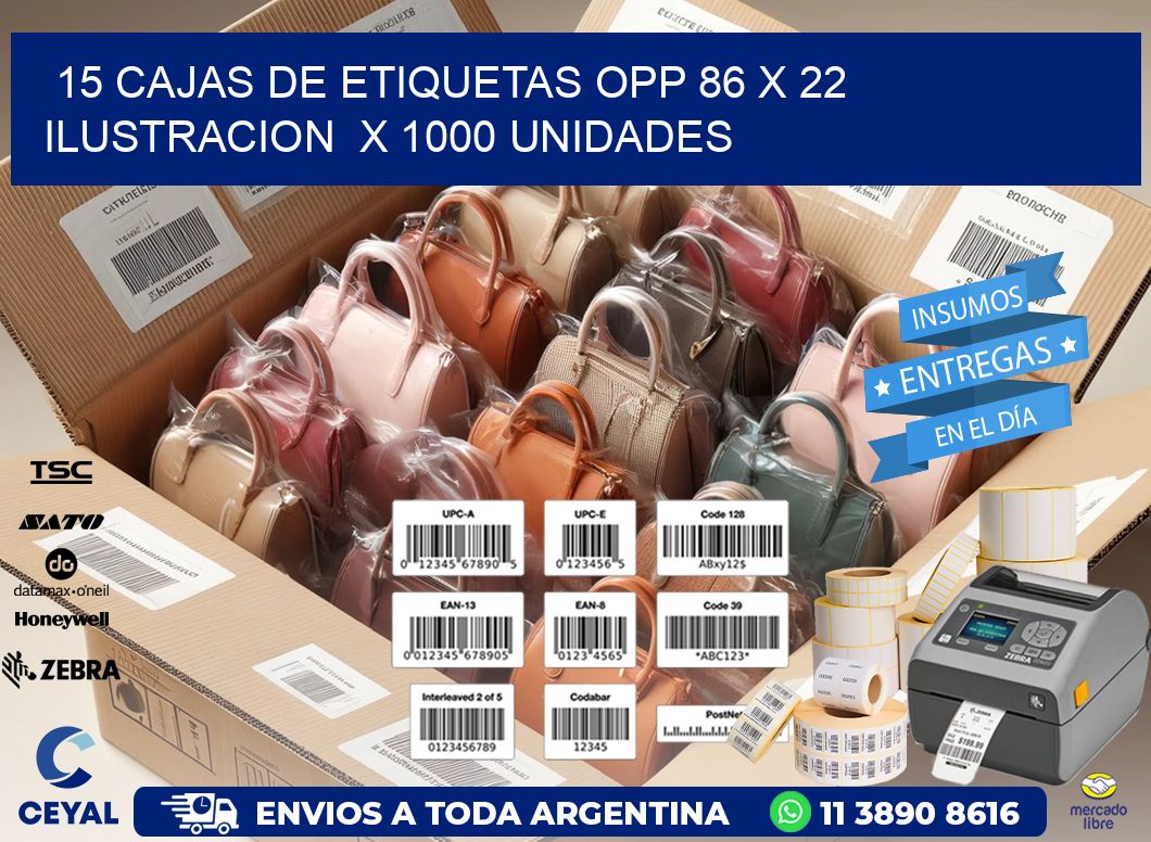 15 CAJAS DE ETIQUETAS OPP 86 x 22 ILUSTRACION  X 1000 UNIDADES