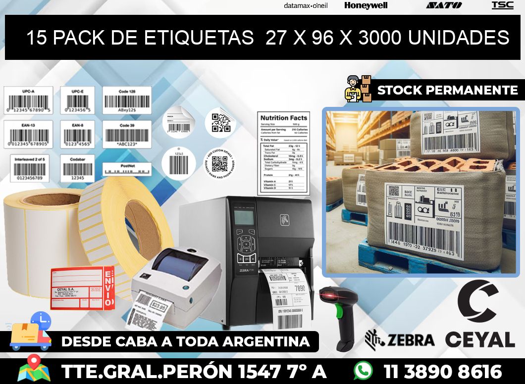 15 PACK DE ETIQUETAS  27 x 96 X 3000 UNIDADES