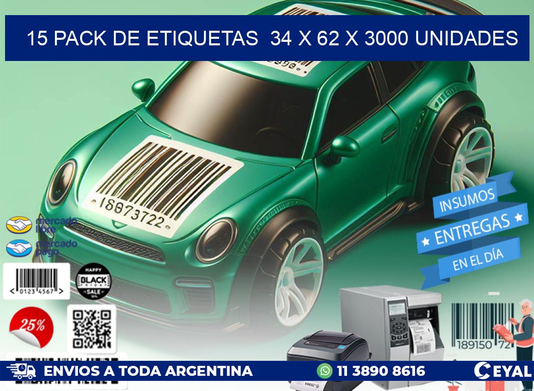 15 PACK DE ETIQUETAS  34 x 62 X 3000 UNIDADES