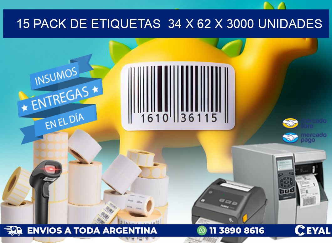 15 PACK DE ETIQUETAS  34 x 62 X 3000 UNIDADES