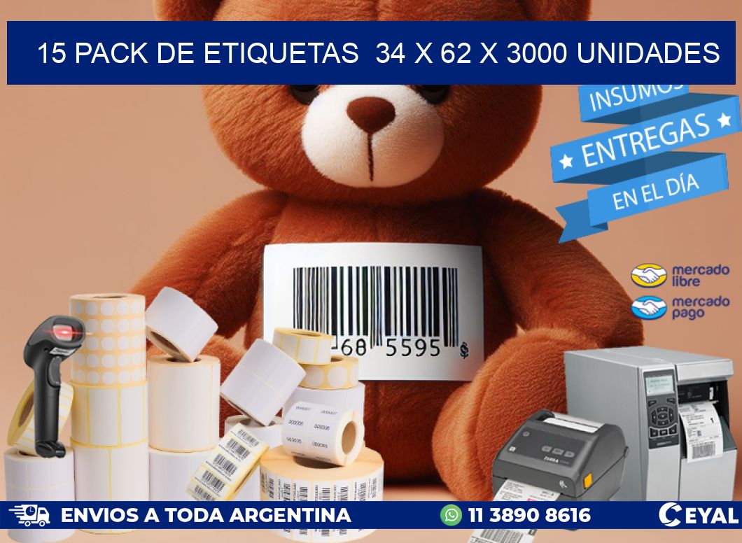 15 PACK DE ETIQUETAS  34 x 62 X 3000 UNIDADES