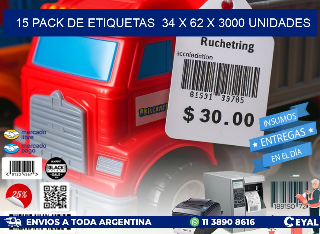 15 PACK DE ETIQUETAS  34 x 62 X 3000 UNIDADES