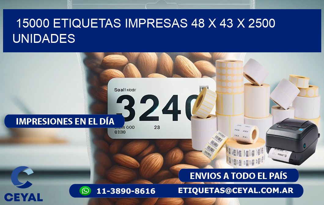 15000 ETIQUETAS IMPRESAS 48 x 43 X 2500 UNIDADES