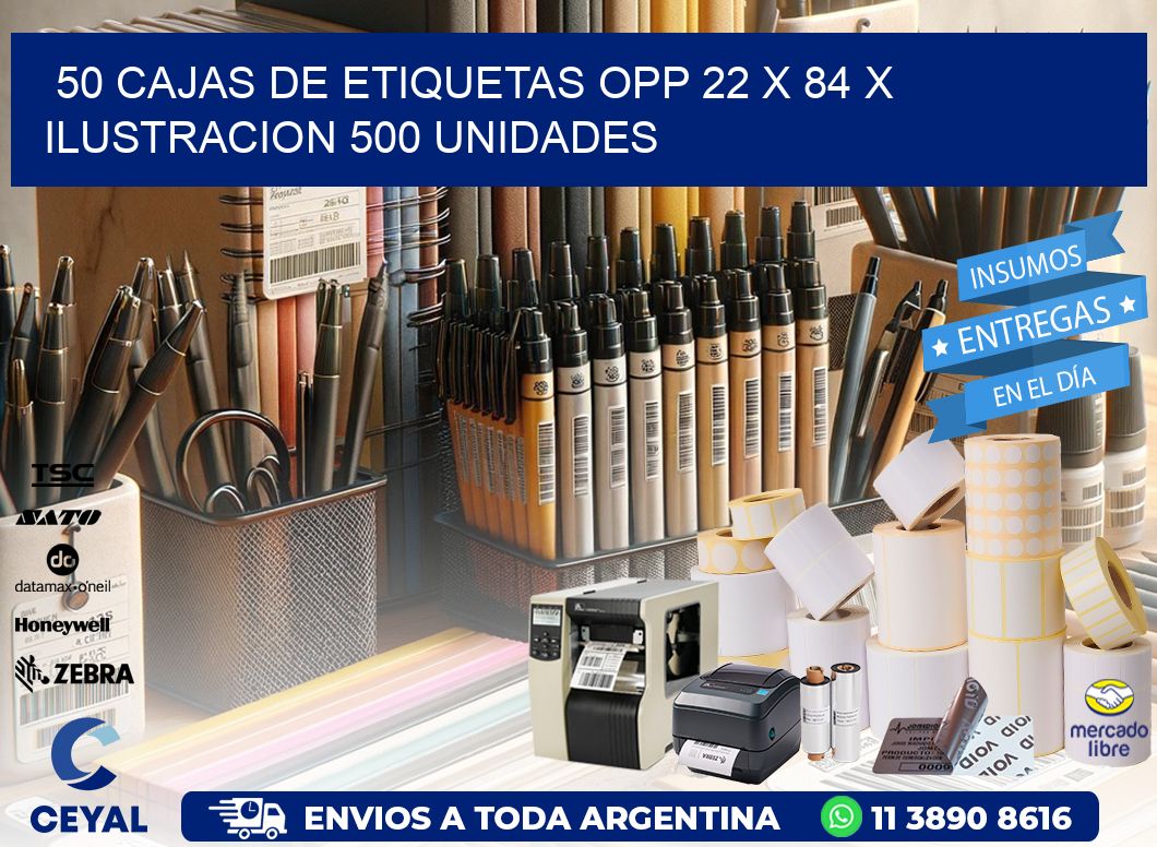 50 CAJAS DE ETIQUETAS OPP 22 x 84 X ILUSTRACION 500 UNIDADES