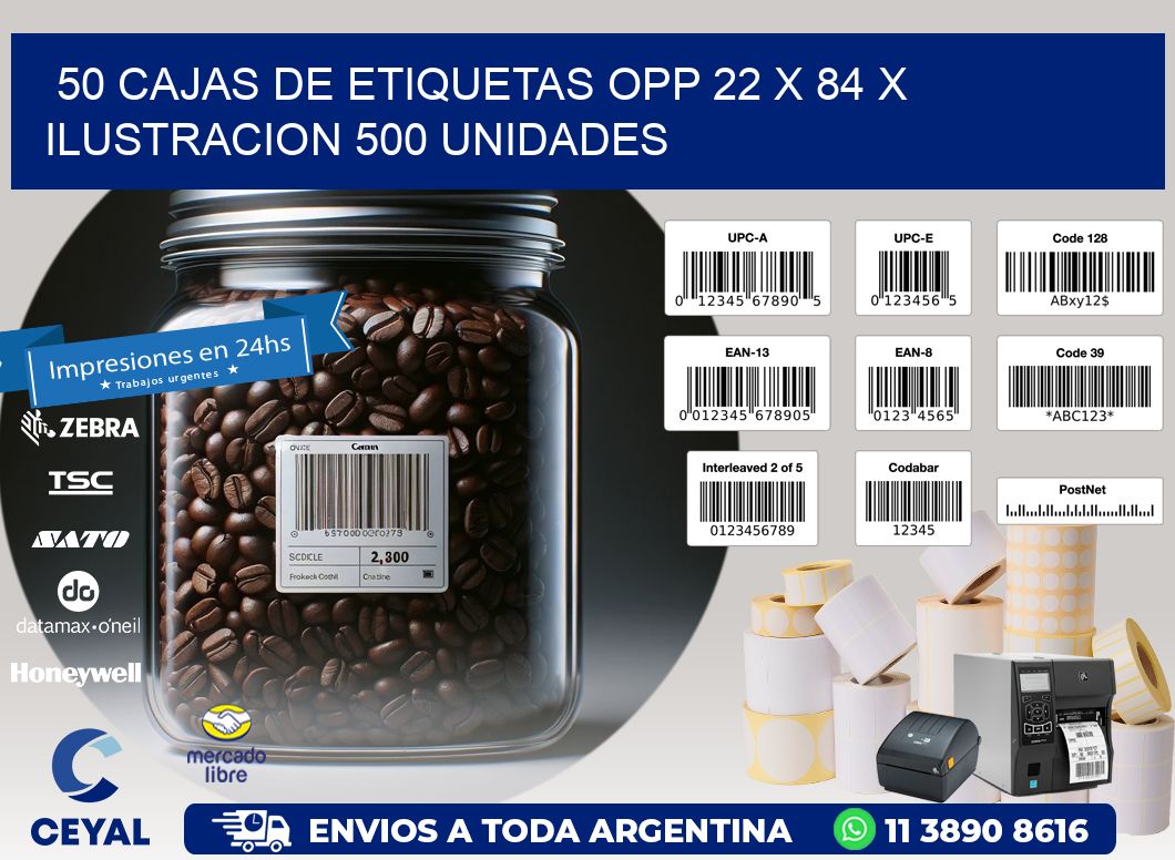 50 CAJAS DE ETIQUETAS OPP 22 x 84 X ILUSTRACION 500 UNIDADES