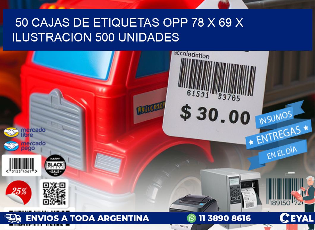 50 CAJAS DE ETIQUETAS OPP 78 x 69 X ILUSTRACION 500 UNIDADES